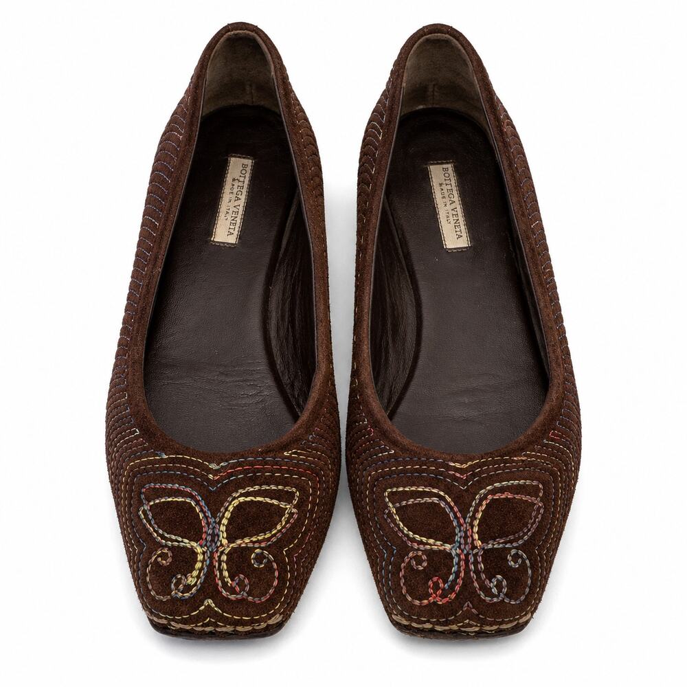 Vintage Bottega Veneta Brown Suede Butterfly Embroidered Ballet Flats EU36 Italy